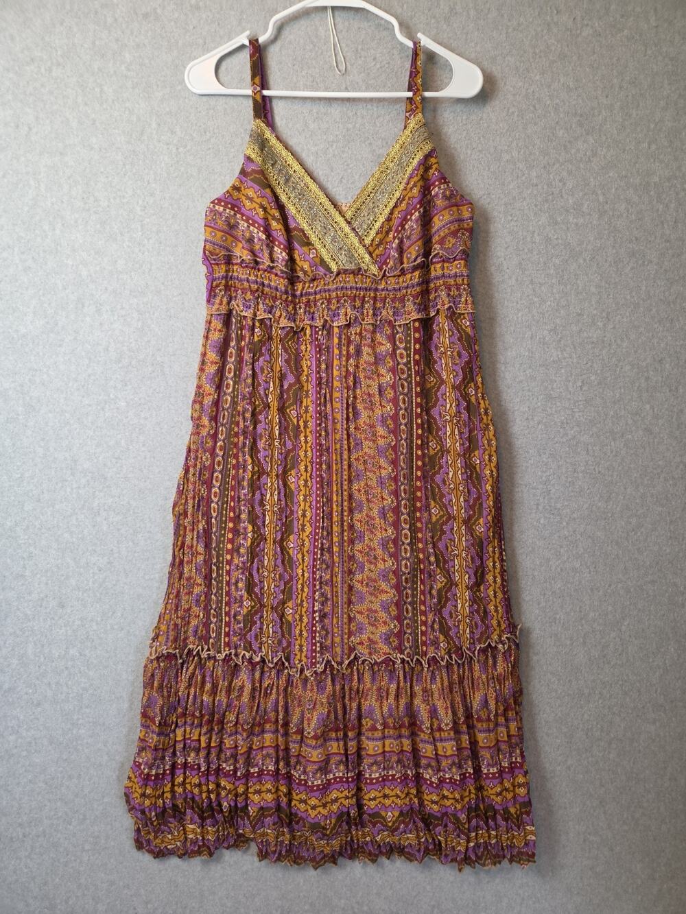 Vtg Robbie Bee Colorful Mixed Print Striped Surplice Crinkle Midi Dress Size 14